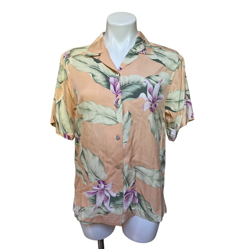 Vintage 90s Tommy Bahama Women's Hawaiian Silk Shirt Bird of Paradise Coral M